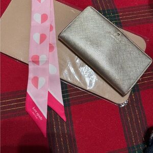 Kate Spade Metallic Gold Wallet with NEW Pink Heart Scarf twilly for handbag